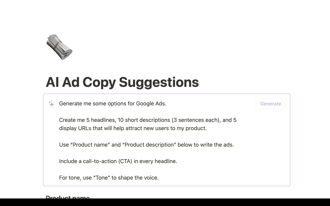 AI Ad Copy Suggestions | Notion Template